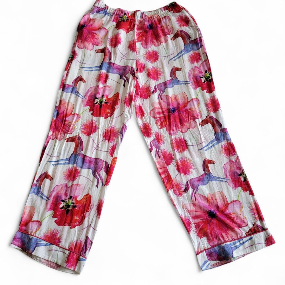 Equisite Elements of Style Pajama Pink Pants Horses Floral Women L Whimsical